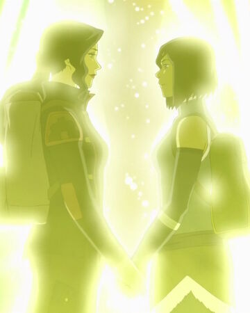 A screenshot of Korra and Asami holding hands and gazing into each other's eyes. A soft, yellow glow from the Spirit Portal engulfs them.